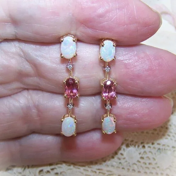 14K Gold Opal Diamond and Pink Tourmaline Dangle Drop Earrings - Posts with Nuts - Picture 7 of 11